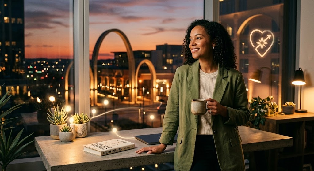 Professional woman smiling by a city window at dusk, holding a coffee mug beside a copy of Conquer Hard Times by Matt Jordan