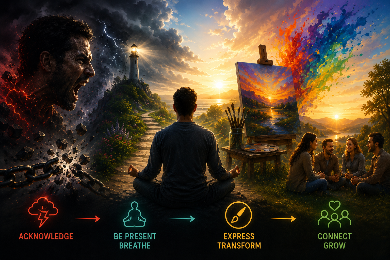 Four-stage illustration of emotional transformation: acknowledge anger, be present and breathe, express and transform through art, then connect and grow with others