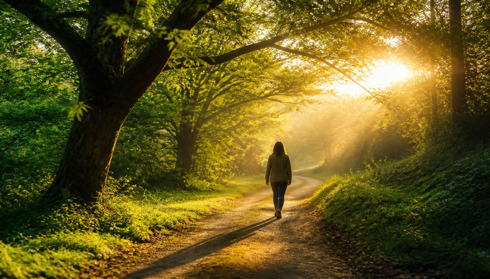 Person walking along a winding sunlit forest path toward warm golden light, symbolizing recovery from depression and anxiety