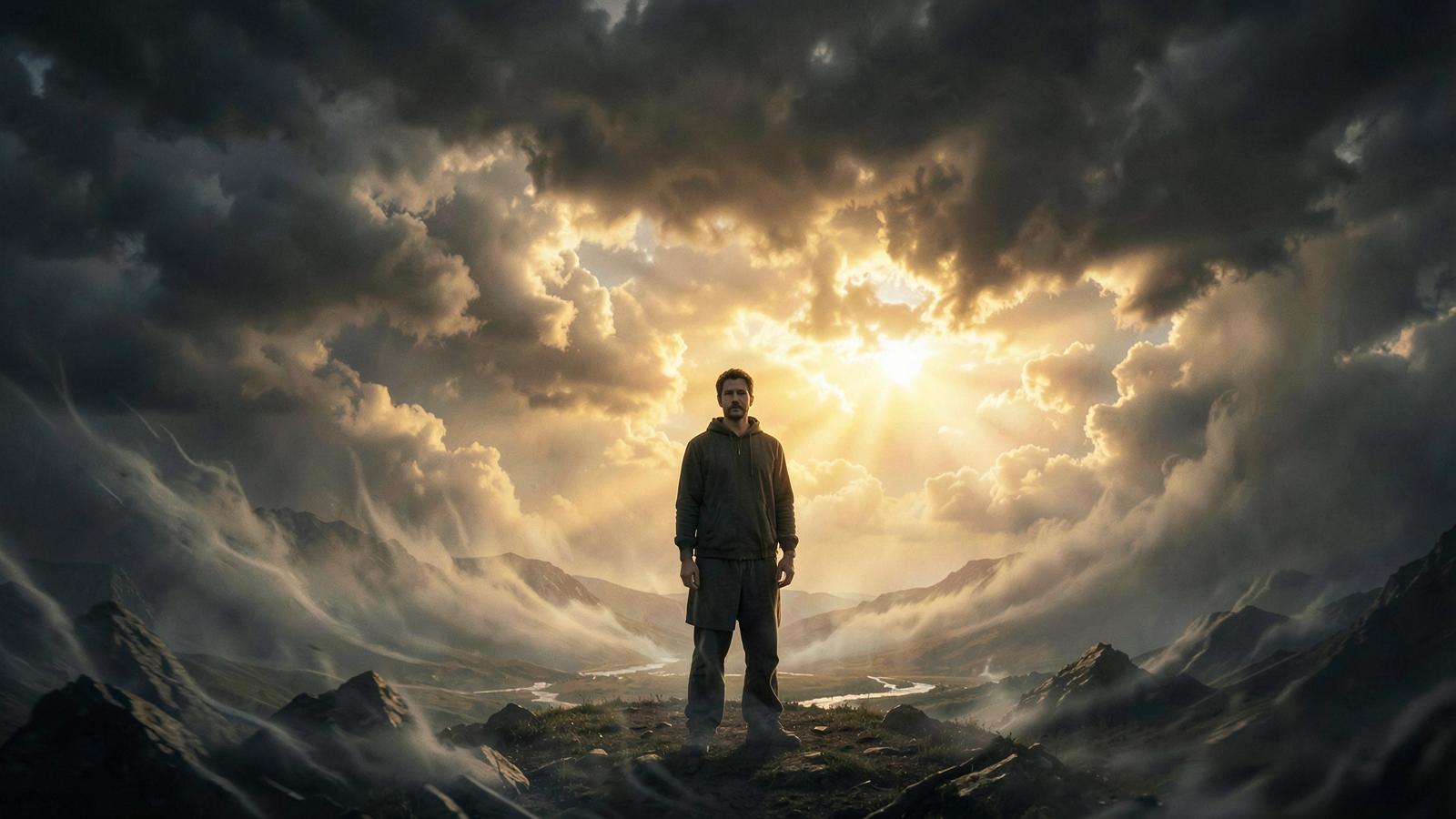 Person standing calmly on a mountain ridge as storm clouds part to reveal warm golden sunlight