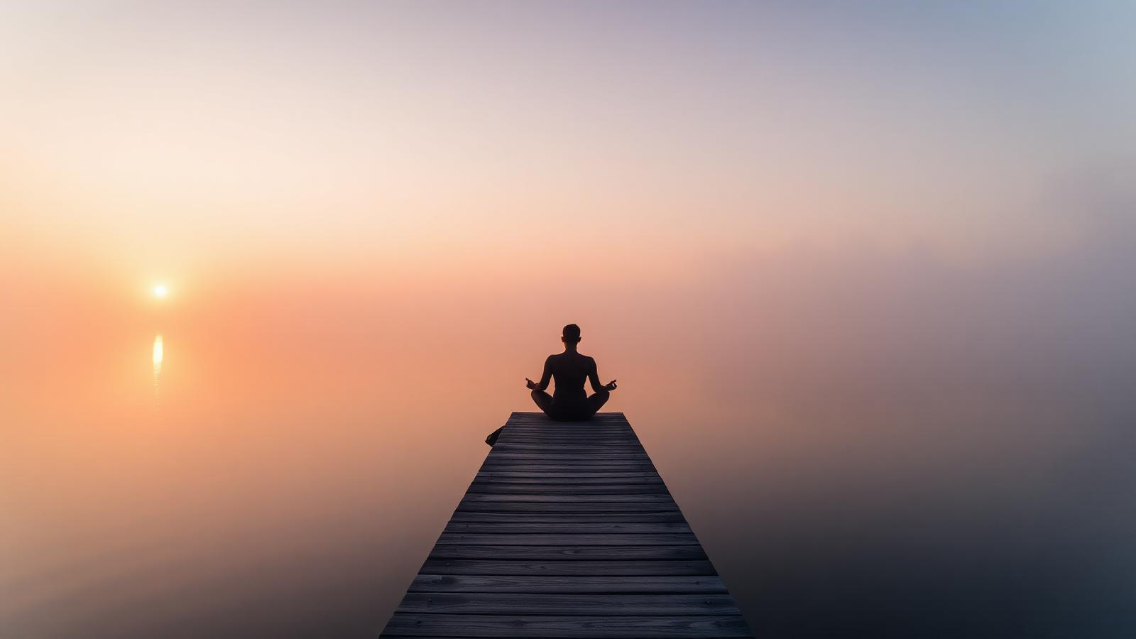 Person meditating in silhouette on a wooden dock at sunrise over a calm, misty lake